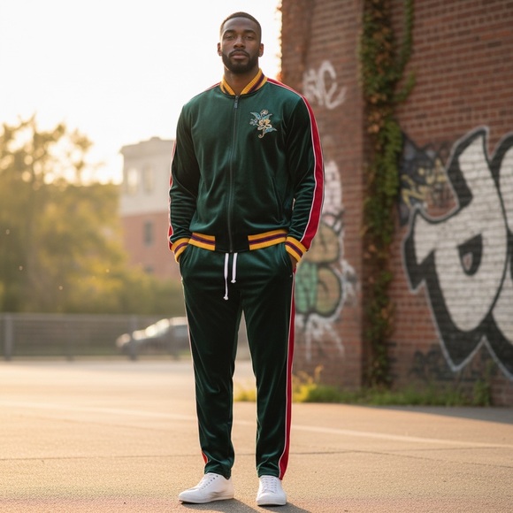 Hudson Jeans Other - Hudson Green Navy Red Velour Tracksuit Men’s Size XL